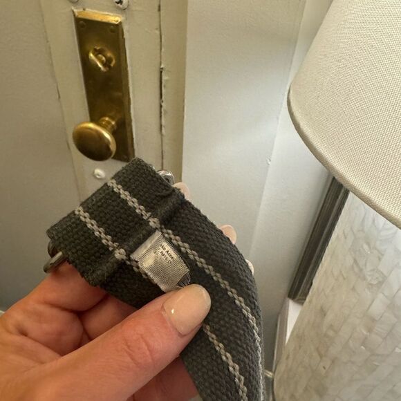 Army Green & Cream Canvas Striped Woven Double D Ring Belt - Picture 7 of 8